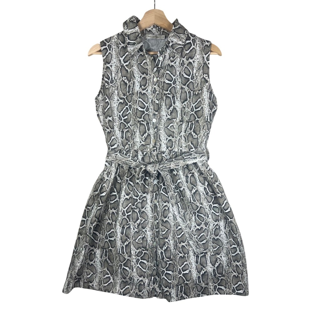 Laura Bianchi Italy 100% Linen Snakeskin Shirt Dress Grey Tan Sleeveless XS